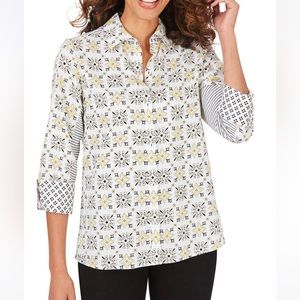 Britten Decorative Tile Cotton Sateen Button-Up Blouse Size 6 Foxcroft